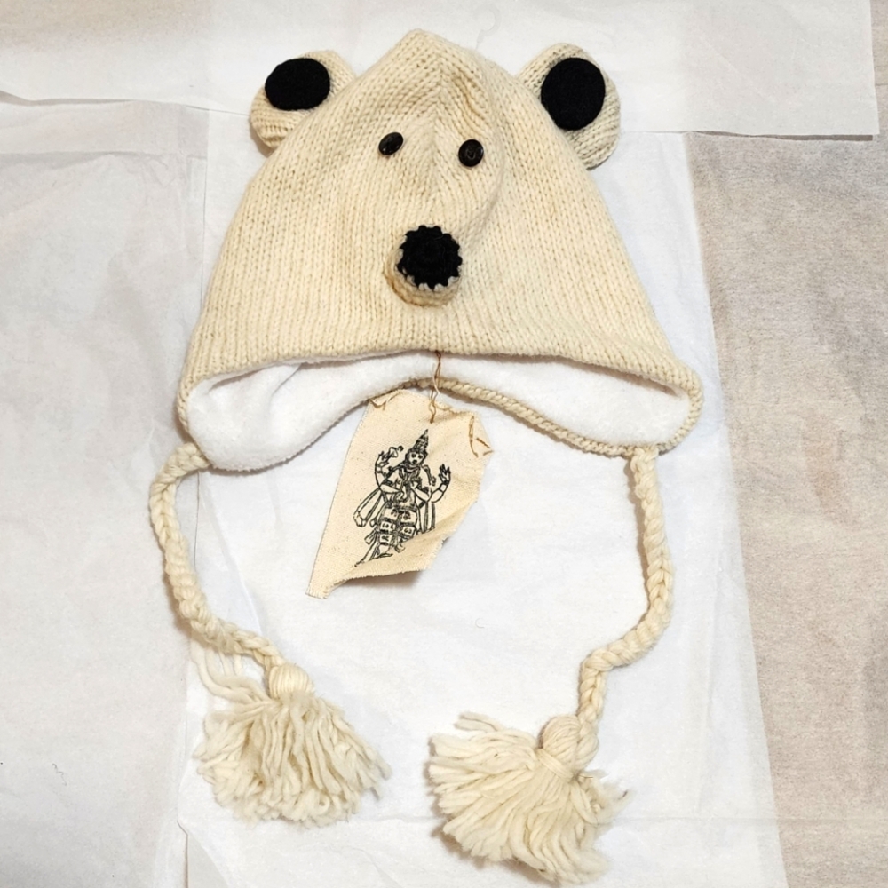 NWT Handmade Wool Polar Bear Hat - Nirvana Designs Nepal Fits children & adults
